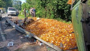 Truk muatan minyak goreng terguling di Lampung