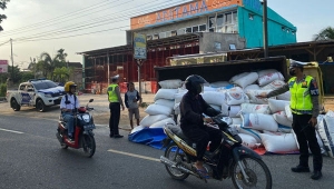 Truk muatan gabah terguling di Jalinbar Pringsewu Lampung