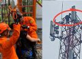 Pria Panjat Tower 50 Meter di Way Kandis Bandar Lampung