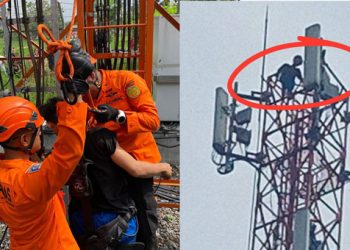 Pria Panjat Tower 50 Meter di Way Kandis Bandar Lampung